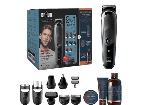 Barbero - Braun MGK5380, Recortadora de barba y rasuradora Corporal, 13 longitudes, Kit de viaje cuidado facial King C Gillette