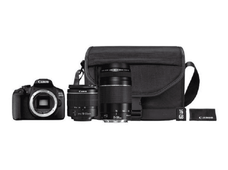 Cámara réflex- Canon EOS 2000D, 24.1MP, FHD + Objetivos 18-55mm f/3.5-5.6 y 75-300mm f/4-5.6 + Funda + SD 16GB