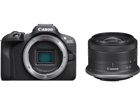 Cámara EVIL - Canon EOS R100/RF-S 18-45MMIS STM, CMOS AF de Doble píxel, 24.1 megapixel, 7.62 cm, Video 4K, Wi-Fi, Negro