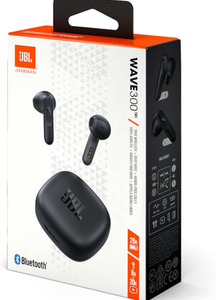 JBL Wave 300 TWS True Wireless Auriculares Inalámbricos In-Ear con micrófono integrado, hasta 26 horas de reproducción, incluye estuche de carga, negro