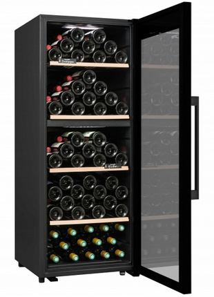 Vinoteca - Climadiff CD110B1, 110 botellas, 2 zonas temperatura, Antivibración, 4 estantes, LED, 125 cm, Negro