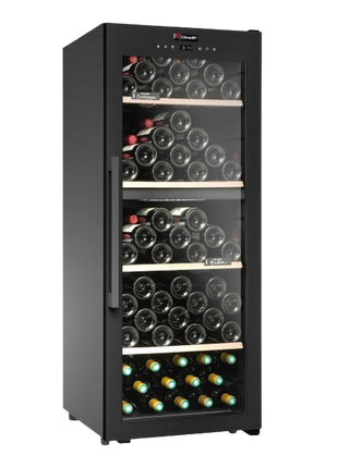 Vinoteca - Climadiff CD110B1, 110 botellas, 2 zonas temperatura, Antivibración, 4 estantes, LED, 125 cm, Negro