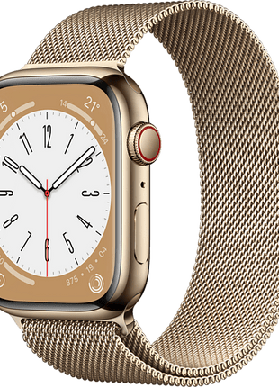 Apple Watch S8 (2022), GPS+CELL, 45 mm,  Caja de acero inoxidable, Vidrio delantero Ion-X, Correa Milanese loop oro