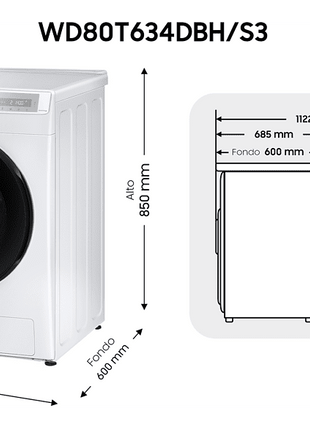 Lavadora secadora - Samsung WD80T634DBH/S3, 8 kg lavado, 5 kg secado, 1400 rpm, Auto Dosificador,  Blanco