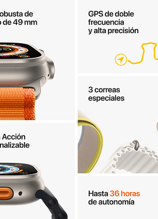 Apple Watch Ultra (2022), GPS + Cellular, 49 mm, Caja de titanio, Cristal de zafiro, Correa Loop Alpine en Talla S de color Naranja