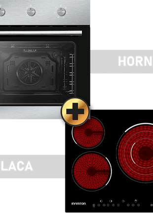 Pack Horno + Encimera - Infiniton HV-6FBV3F, 75 l, 59.50 cm, Vitrocerámica, 3 zonas, Eléctrico, Negro + Inox
