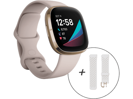 Reloj deportivo - Fitbit Sense, Blanco Marfil, 40.5 mm, 1.58", Autonomía 6 días + Correa extra de recambio L