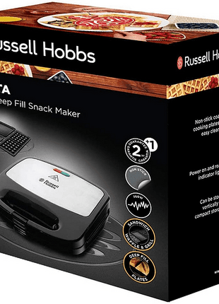 Sandwichera - Russel Hobbs Fiesta 3 en 1,Potencia 750W, 3 placas extraíbles, Capa antiadherente,  Negro