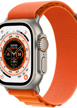 Apple Watch Ultra (2022), GPS + Cellular, 49 mm, Caja de titanio, Cristal de zafiro, Correa Loop Alpine en Talla L de color Naranja