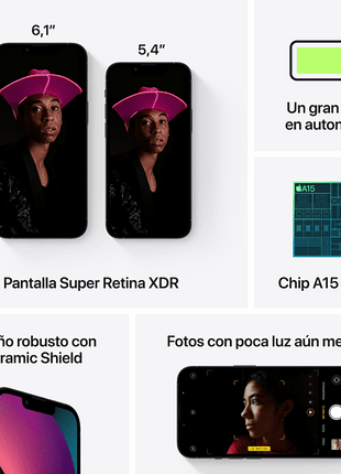 Apple iPhone 13 Mini, Medianoche, 128 GB, 5G, 5.4" OLED Super Retina XDR, Chip A15 Bionic, iOS