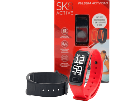 Pulsera de actividad - SK8 Active, Frecuencia cardíaca, Sumergible hasta 0.5 metros, Reloj, Rojo