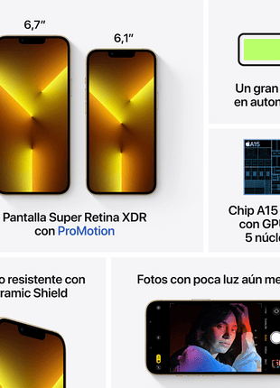 Apple iPhone 13 Pro, Oro, 128 GB, 5G, 6.1" OLED Super Retina XDR ProMotion, Chip A15 Bionic, iOS
