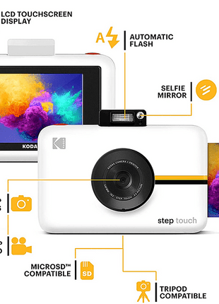 Cámara instantánea - Kodak Step Touch, 13 MP, Bluetooth, Grabación HD, MicroSD, Pantalla táctil 3.5", Blanco