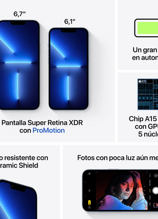 Apple iPhone 13 Pro, Azul alpino, 128 GB, 5G, 6.1" OLED Super Retina XDR ProMotion, Chip A15 Bionic, iOS