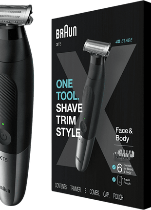 Afeitadora corporal - Braun XT5200, Tecnología de lámina 4D, Peine SkinGuard, Cabezal  40°, Negro
