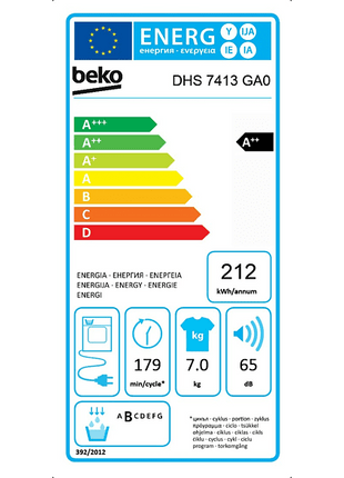 Secadora - Beko DHS 7413 GA0, Bomba de calor, 7 Kg, Blanco