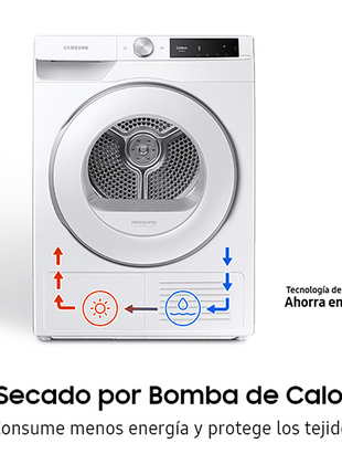 Secadora - Samsung DV90T6240HE/S3, 9 kg, Condensación por Bomba de Calor, OptimaDry, A+++, Blanco