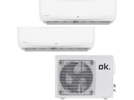 Aire acondicionado - OK OAC 912021 MS ES, MultiSplit 2x1, 5300 fg/h (2300 fg/h + 3000 fg/h), Inverter, Bomba de calor, Blanco