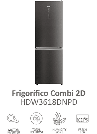 Frigorífico combi - Haier 2D HDW3618DNPD, 341L, Total No Frost, 185cm, Motor Inverter, Wi-Fi, Botellero, Dark Inox