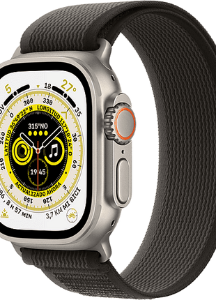 Apple Watch Ultra (2022), GPS + Cellular, 49 mm, Caja de titanio, Cristal de zafiro, Correa Loop Trail en Talla S/M de color Negro/Gris