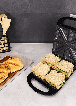 Sandwichera - Cecotec Rock'nToast Family, 4 sándwiches, Acabado inox, Revestimiento antiadherente, Negro