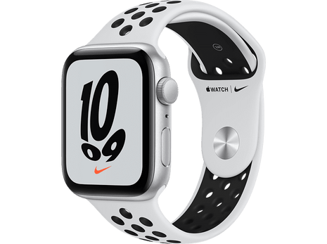 Apple Watch Nike SE (2021),GPS , 44 mm, Caja de aluminio en plata, Correa Nike Sport platino puro/negro