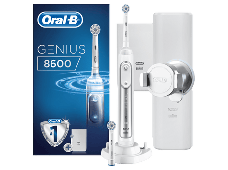 Cepillo Eléctrico - Oral-B Genius 8600, Cepillado 3D, Bluetooth, Blanco y plata