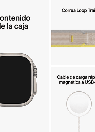 Apple Watch Ultra (2022), GPS + Cellular, 49 mm, Caja de titanio, Cristal de zafiro, Correa Loop Trail en Talla S/M de color Amarillo/Beis