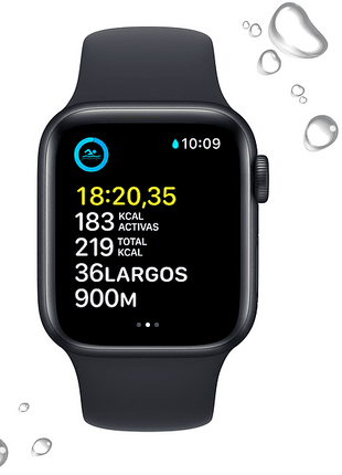 Apple Watch SE (2022), GPS, 40 mm, Caja de aluminio, Vidrio delantero Ion-X, Correa deportiva medianoche