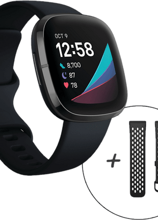 Reloj deportivo - Fitbit Sense, Negro Carbón, 40.5 mm, 1.58", Autonomía 6 días + Correa extra de recambio L