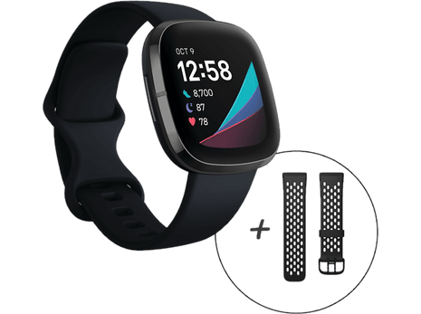 Reloj deportivo - Fitbit Sense, Negro Carbón, 40.5 mm, 1.58", Autonomía 6 días + Correa extra de recambio L