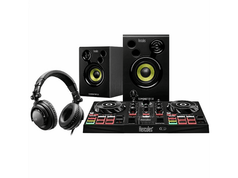 Controladora DJ - Hercules DJLearning Kit, USB, Controladora + Software + Auriculares + Altavoces, Negro