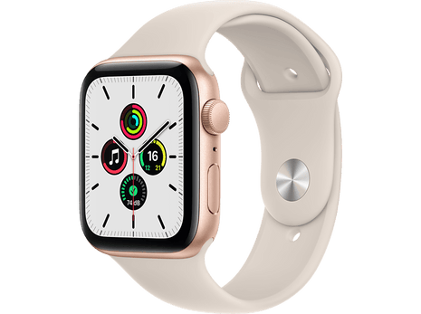 Apple Watch SE, GPS , 44 mm, Caja de aluminio en oro, Correa deportiva en color blanco estrella