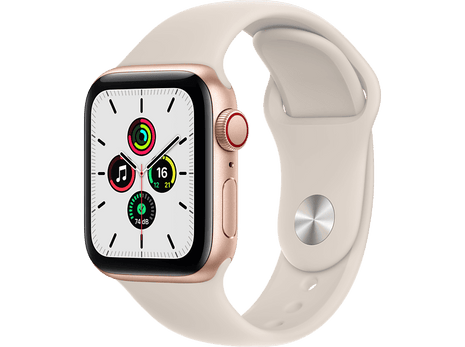 Apple Watch SE, GPS+CELL, 40 mm, Caja de aluminio en oro, Correa deportiva color blanco estrella