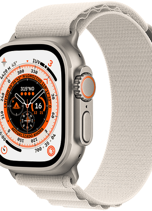 Apple Watch Ultra (2022), GPS + Cellular, 49 mm, Caja de titanio, Cristal de zafiro, Correa Loop Alpine en Talla M de color Blanco estrella